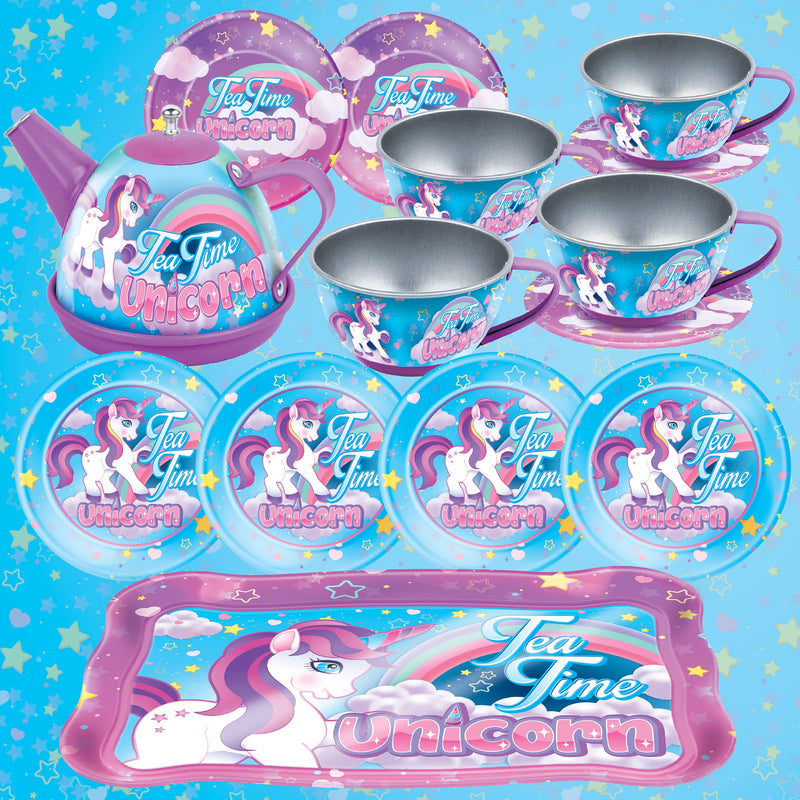 Tea Party Set, 14-Piece Unicorn  for Toddler Girls - Princess Pretend Game Playset with Teapot, Cups, Saucers and Serving Tray - 3 Years Old and Up