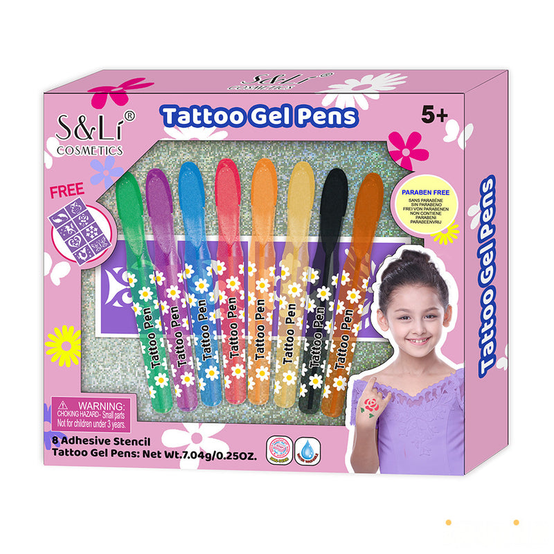Tattoo Gel Pens Set with 8 Adhesive Stencils Kid-Safe