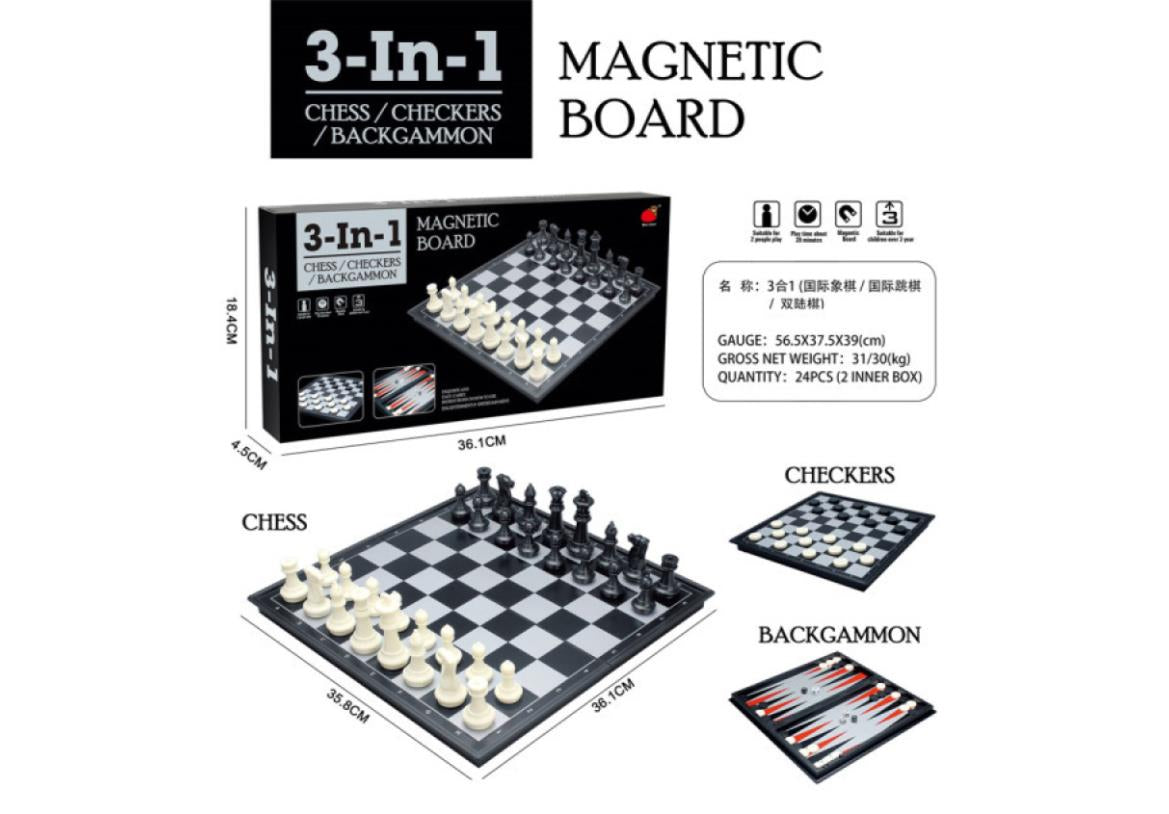 Board Game Magnetic 3 in 1 Kids and Adult, Folding Portability Travel Chess Set