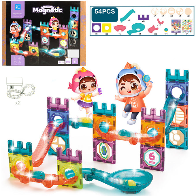 Magnetic Tiles Construction Play with Glowing Light 56 Pcs – Cute Great Walls Set Toy For Kids