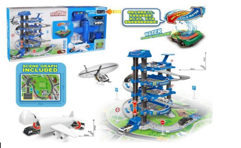 PARKING LOT Multifunctional color changing Diecast police lifting (with 3pcs DIE  CAST CAR, 1 road sign, 1 aircraft, 1 lighthouse)