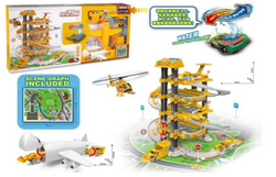 Multifunctional changing Diecast engineering lifting PARKING LOT (equipped with 3pcs DIE CAST CAR, 1 road sign, 1 aircraft, 1 lighthouse)