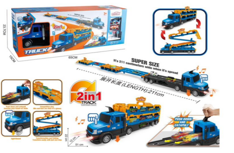 Extra large folding Transforming light music city Slide rail catapult storage truck (with 2pcs DIE CAST CAR_8 road signs)