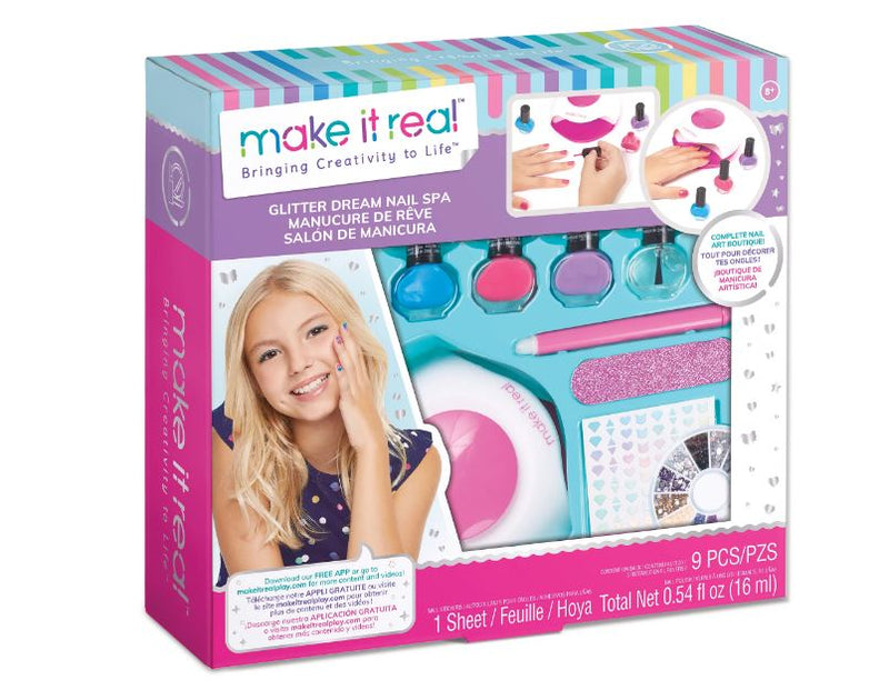 Make It Real Glitter Dream Nail Spa - Complete Nail Art Boutique, 9 Piece Set, At Home Manicure & Pedicure, Tweens & Girls, Nail Polish, Nail Dryer & Accessories, All-In-One Nail Kit, Kids Ages 8+