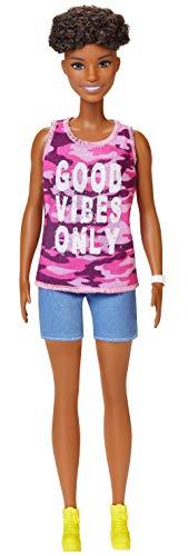 Barbie Fashionistas Doll with Short Curly Brunette Hair Wearing “Good Vibes Only” Camo Tank, Shorts and Accessories, for 3 to 8 Year Olds - sctoyswholesale