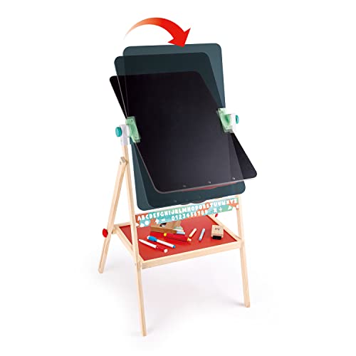 Hape Standing Flip Flat 2 Sided Kids Artwork Easel with Chalk Blackboard and Marker Whiteboard, Includes 4 Chalks, 2 Marker Pens, and One Board Rubber
