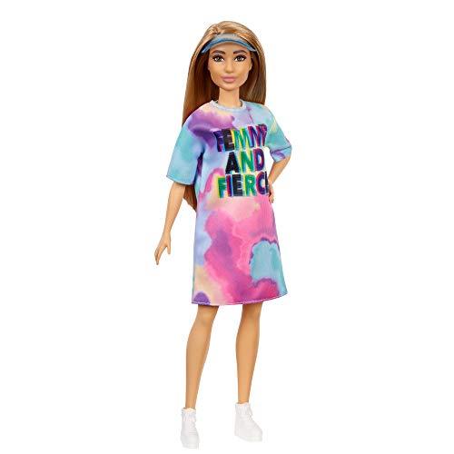 Barbie Fashionistas Doll # 159, Petite, with Light Brown Hair Wearing Tie-Dye T-Shirt Dress, White Shoes & Visor - sctoyswholesale