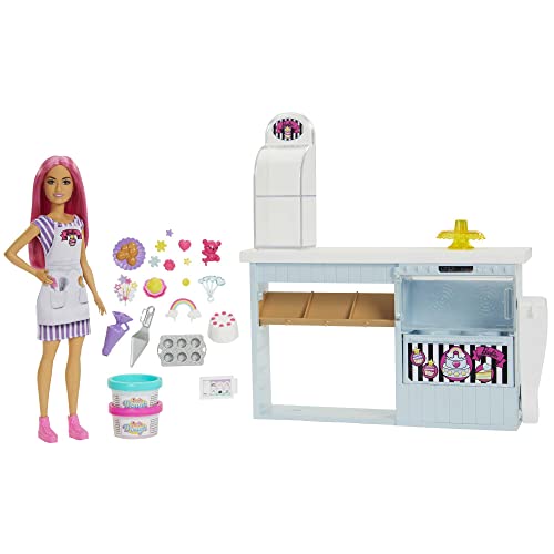 Barbie Bakery Playset with 12 in Petite Doll, Pink Hair, Bakery Station, Cake Making Feature, 20+ Realistic Play Pieces: 2 Dough containers, Cake Piping Stamper, Decorations, Toppers & More - sctoyswholesale