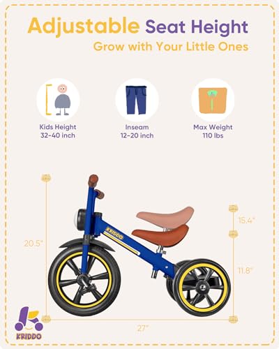 KRIDDO Kids Tricycles Age 2 Years to 5 Years, 12 Inch Puncture Free Rubber Wheel w Front Light, Adjustable Seat Height, Gift Toddler Tricycles for 2-5 Year Olds, Trikes for Toddlers, Blue