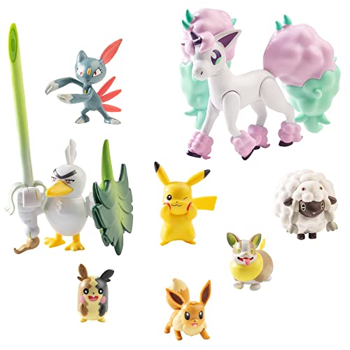 Pokémon Battle Ready! Figure Set Toy, 8 Pieces - Includes 4.5" Ponyta & 2" Pikachu, Eevee, Wooloo, Sneasel, Yamper, Sirfetch'd & Morpeko