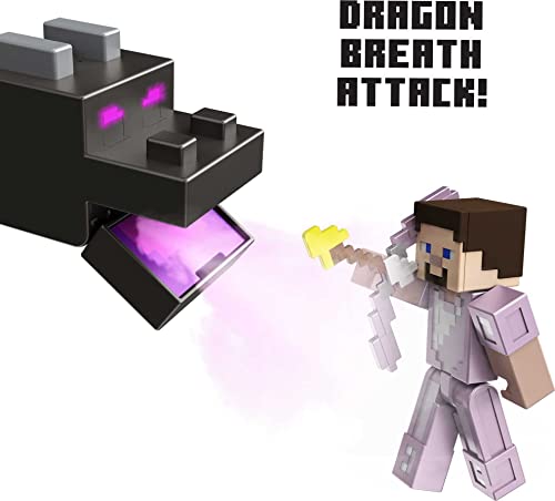 Minecraft Ultimate Ender Dragon Figure, 20-in Mist-Breathing Creature, Plus 3.25-in Color-Change Steve Figure, Weapon, Amor and Battle Accessory
