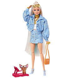 Barbie Doll and Accessories, Extra Fashion Doll with Platinum Blonde Hair and Blue Paisley-Print Jacket, Pet Chihuahua