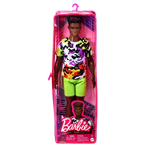 Barbie Ken Fashionistas Doll, Broad, Black Curly Hair, Multi-Colored Camo Print Shirt, Neon Green Shorts, Silvery Sneakers - sctoyswholesale