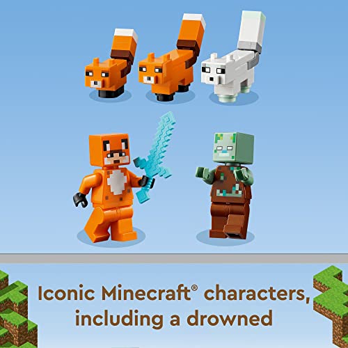 LEGO Minecraft The Fox Lodge House 21178 Animal Toys with Drowned Zombie Figure, Birthday Gift for Grandchildren, Kids, Boys and Girls Ages 8 and Up