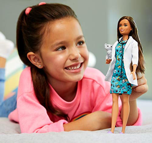 Barbie Pet Vet Brunette Doll with Career Pet-Print Dress, Medical Coat, Shoes and Kitty Patient - sctoyswholesale