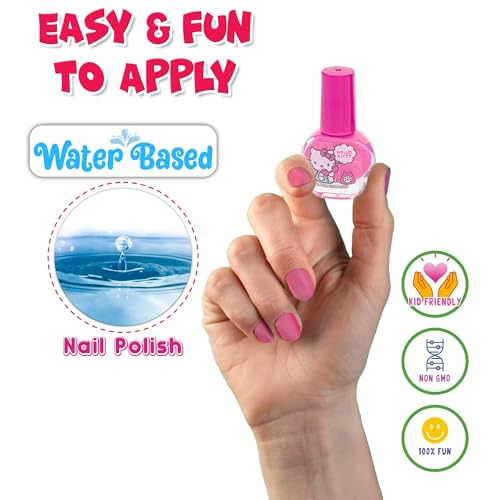 Hello Kitty Non-Toxic Water-Based Peel-Off Nail Polish Set with Glittery, Shimmery & Opaque Colors for Girl Kids