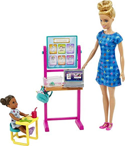 Barbie Teacher Doll (Blonde),Toddler Doll (Brunette), Flip Board, Laptop, Backpack, Toddler Desk, Pet Turtle, Great Gift for Ages 3 Years Old & Up - sctoyswholesale