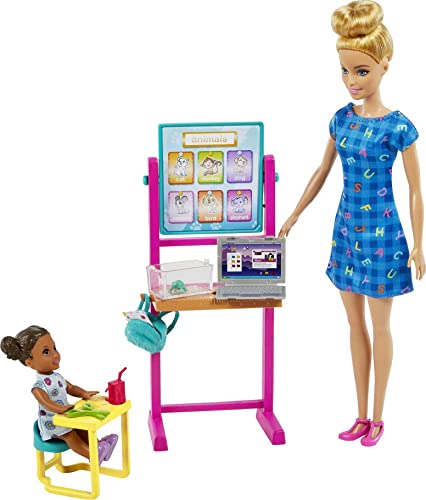 Barbie Teacher Doll (Blonde),Toddler Doll (Brunette), Flip Board, Laptop, Backpack, Toddler Desk, Pet Turtle, Great Gift for Ages 3 Years Old & Up - sctoyswholesale