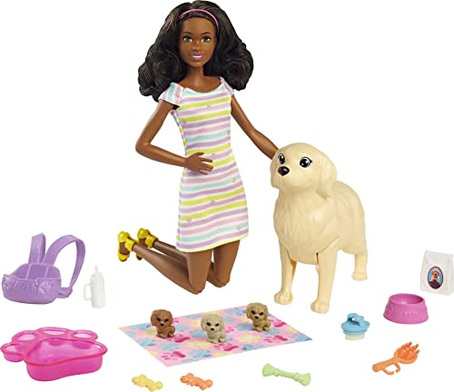 Barbie Doll and Newborn Pups Playset Doll (Brunette, 11.5 in) Mommy Dog with Birthing Feature, 3 Puppies & Nurturing Accessories - sctoyswholesale