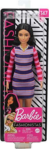 Barbie Fashionistas Doll with Long Brunette Hair Wearing Striped Dress - sctoyswholesale