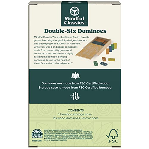 SPIN MASTER GAMES Mindful Classics, Double-Six Wood Dominoes Set Sustainable Classic Games with Wood Storage Case, for Adults and Kids Ages 8 and up