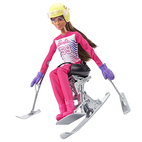 Barbie Winter Sports para Alpine Skier Brunette Doll  with Shirt, Pants, Helmet, Gloves, Pole, Sit Ski & Trophy