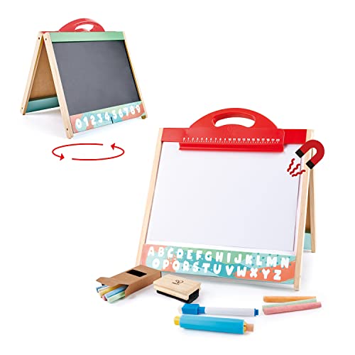 Hape 3 in 1 Tabletop 2 Sided Standing Artwork Easel Blackboard and Magnetic Erasable Whiteboard w/ 10 Chalk Colors & 2 Marker Pens, for Ages 3 and Up - sctoyswholesale