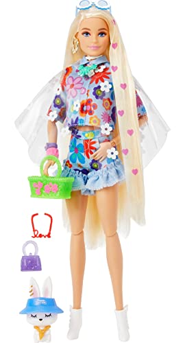 Barbie Extra Doll #12 in Floral 2-Piece Fashion & Accessories, with Pet Bunny, Extra-Long Blonde Hair with Heart Icons & Flexible Joints - sctoyswholesale