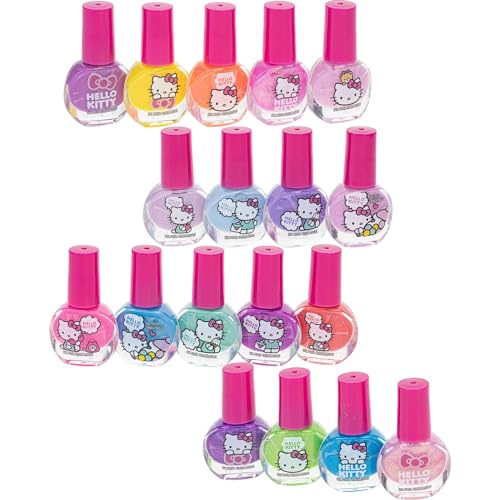 Hello Kitty Non-Toxic Water-Based Peel-Off Nail Polish Set with Glittery, Shimmery & Opaque Colors for Girl Kids