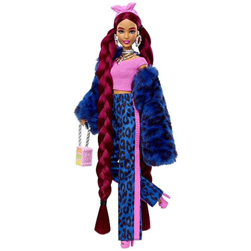 Barbie Doll and Accessories, Extra Fashion Doll with Burgundy Braids and Furry Jacket