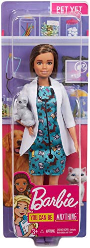 Barbie Pet Vet Brunette Doll with Career Pet-Print Dress, Medical Coat, Shoes and Kitty Patient - sctoyswholesale