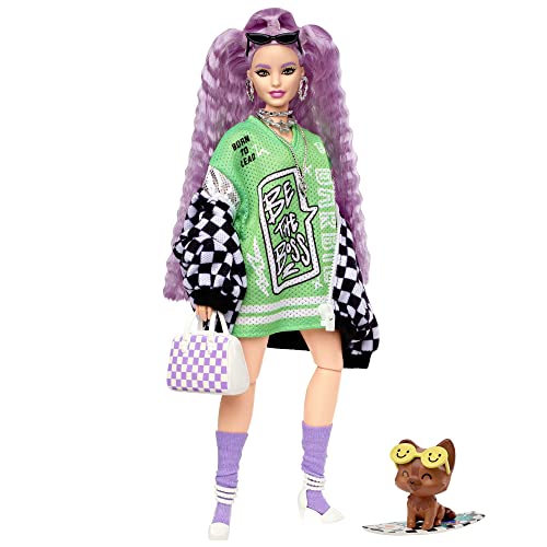 Barbie Doll and Accessories, Barbie Extra Fashion Doll with Crimped Lavender Hair and Checkered Jacket