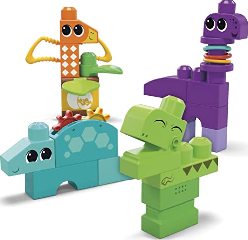 Mega BLOKS Sensory Toys for Toddlers, Squeak 'n Chomp Dinos with Building Blocks T-Rex, Brontosaurus, Pterodactyl and Stegosaurus