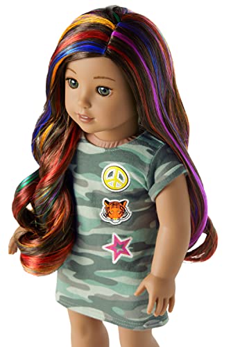 American Girl Truly Me 18-Inch Doll 120 with Hazel Eyes, Wavy Dark-Brown Hair with Bright Rainbow Highlights, Tan Skin with Neutral Undertones, Camo T-Shirt Dress