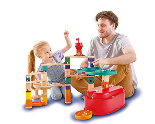 Hape 90 Piece Quadrilla Stack Track Bucket Box Marble Race Building Set for Children Ages 4 and Up with 25 Marbles for STEAM Learning - sctoyswholesale