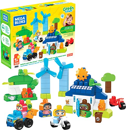 Mega Bloks Toy Building Sets, Green Town Build & Learn Eco House with Cars, Bicycles and Block Buddies Figures for Toddlers 1-3