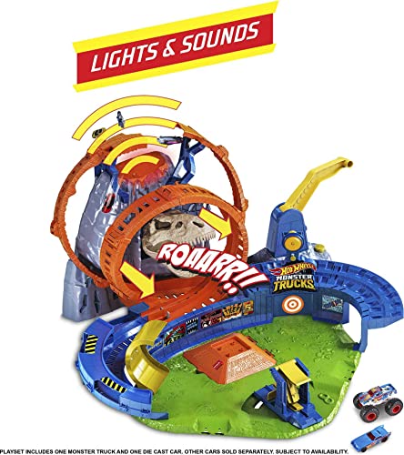 Hot Wheels Monster Trucks, T-Rex Volcano Playset with Lights and Sounds, Includes 1:64 Scale Race Ace Monster Truck and 1:64 Scale Die-Cast Toy Car