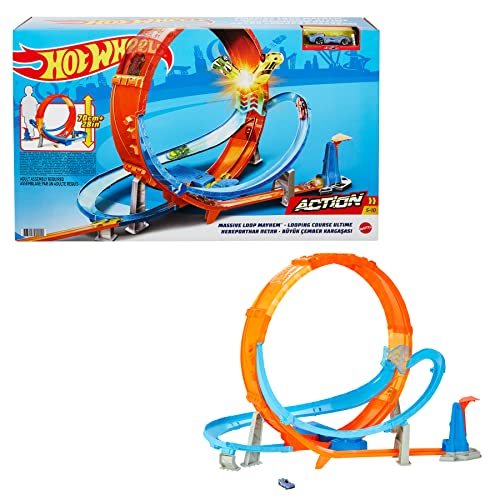 Hot Wheels Massive Loop Mayhem Track Set with Huge 28-Inch Wide Track Loop Slam Launcher, Battery Box & 1 Hot Wheels 1:64 Scale Car, Designed for Multi-Car Play, Gift for Kids 5 Years & Up