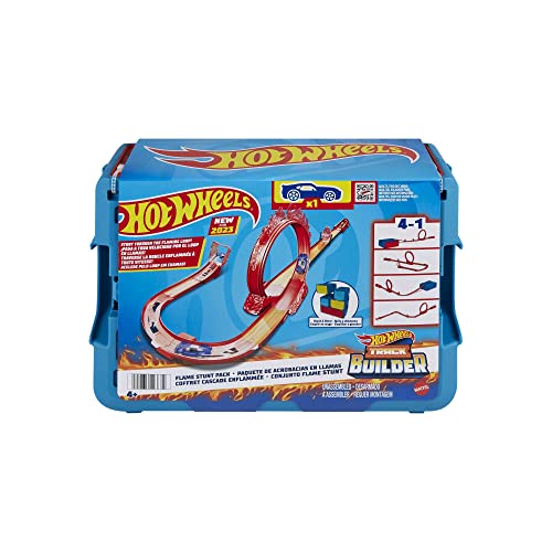 Hot Wheels Track Set, Fire-Themed Track Set & 1 Hot Wheels Car, 16 Track-Building and Stunting Components in Stackable Toy Storage Box