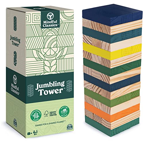 Spin Master Games Mindful Classics, Jumbling Tower Sustainable Wooden Blocks Tumbling Toppling Bamboo Wood Party Stacking Game, for Adults and Kids Ages 8 and up