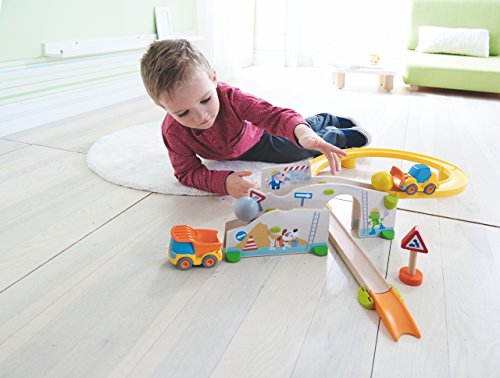 HABA Kullerbu at The Construction Site Play Track - 13 Piece Starter Set with 2 Vehicles and Fascinating Ball Drop