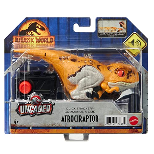 Jurassic World Dominion Uncaged Click Tracker Atrociraptor Figure Interactive Motion & Sound, Clicker Control, Orange Stylized Dinosaur Toy, Kids Gift Kids Ages 4 Years & Up