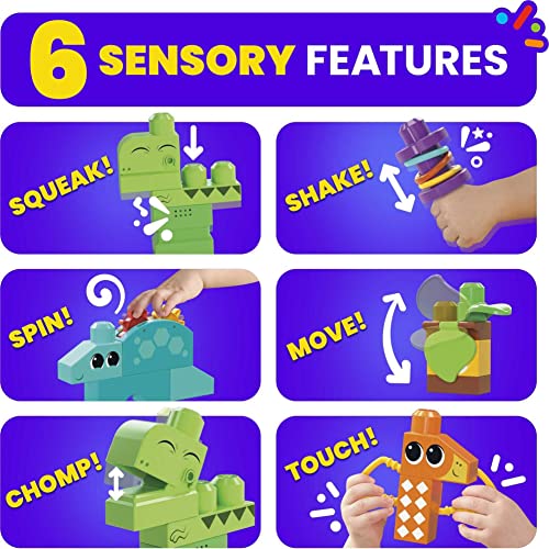 Mega BLOKS Sensory Toys for Toddlers, Squeak 'n Chomp Dinos with Building Blocks T-Rex, Brontosaurus, Pterodactyl and Stegosaurus