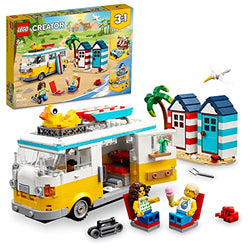 LEGO Creator 3 in 1 Beach Camper Van to Summerhouse to Ice-Cream Shop 31138 Model Building Set, Summer Holiday Surfer Toys, Gift for Kids