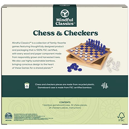 SPIN MASTER GAMES Mindful Classics, Chess Checkers Board Game Set with Bamboo Wooden Box Family Board Games Eco-Friendly Gift, for Adults and Kids Ages 8 and Up