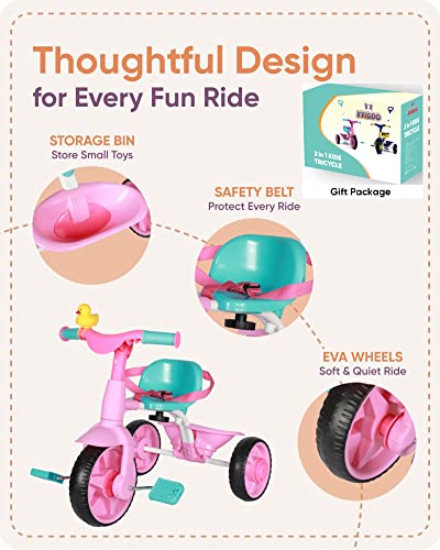 KRIDDO 2 in 1 Kids Tricycles Age 18 Month to 3 Years, EVA Wheels Upgraded, Gift, Trikes for Toddlers 2 to 3 Year Old with Push Handle and Duck Bell, Pink