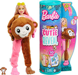 Barbie Cutie Reveal Fashion Doll, Jungle Series Monkey Plush Costume, 10 Surprises Including Mini Pet & Color Change