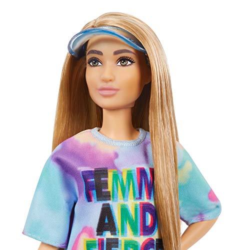 Barbie Fashionistas Doll # 159, Petite, with Light Brown Hair Wearing Tie-Dye T-Shirt Dress, White Shoes & Visor - sctoyswholesale