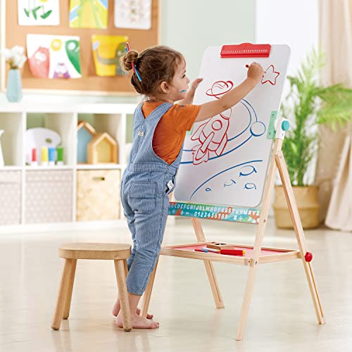 Hape Standing Flip Flat 2 Sided Kids Artwork Easel with Chalk Blackboard and Marker Whiteboard, Includes 4 Chalks, 2 Marker Pens, and One Board Rubber