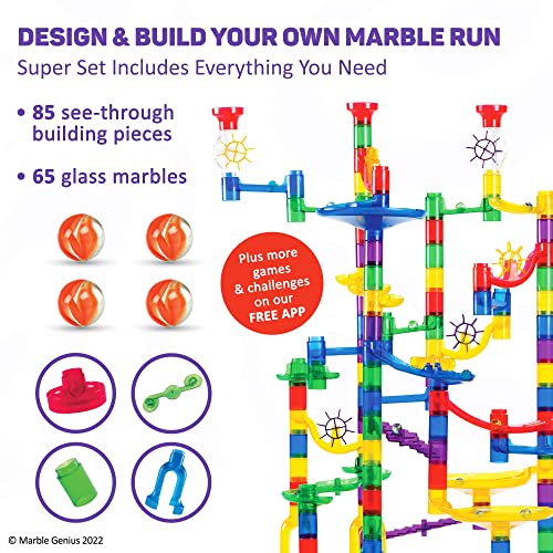 Marble Genius Marble Run (150 Complete Pieces) Maze Track or Building Toys for Kids Ages 4-8, for Adults, Teens, and Toddlers, (85 Translucent Marbulous Pieces + 65 Glass-Marble Set), Super Set